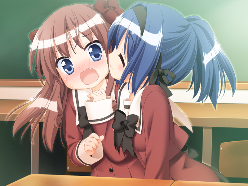 blue_eyes, blue_hair, blush, fang, game_cg, hair_ribbon, hanahira, hanahira!