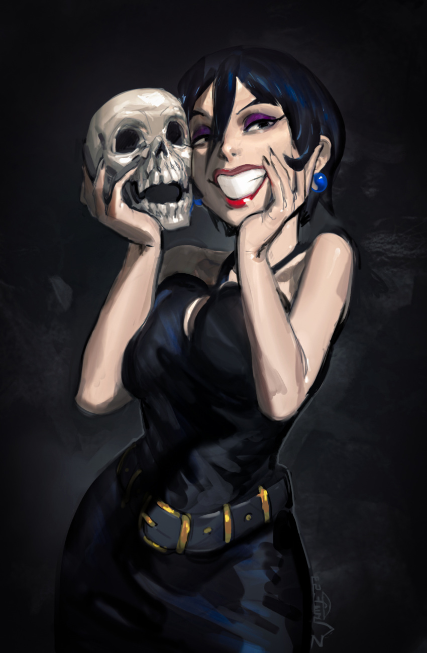 1girl, artist_logo, bare_shoulders, belt, black_background, black_belt, black_dress, black_hair