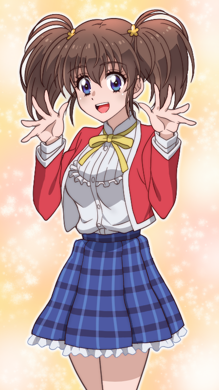 1girl, :d, blue_eyes, blue_skirt, breasts, brown_hair, dannoura_tomochika, hair_ornament