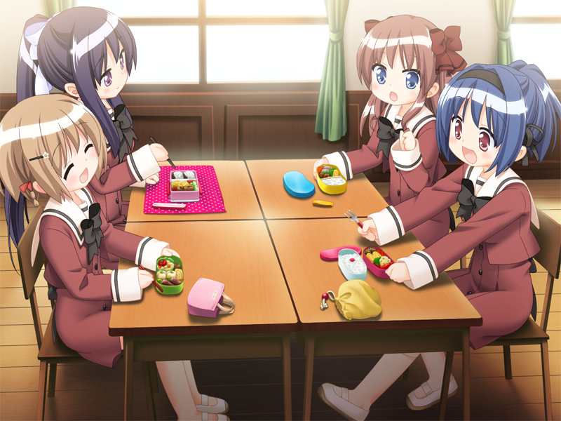 blue_eyes, blue_hair, blush, brown_eyes, brown_hair, game_cg, hair_ribbon, hanahira, hanahira!, hanemura_kaori, multiple_girls, peko, purple_eyes, purple_hair, red_eyes, red_hair, redhead, ribbon, school_uniform, short_hair, sono_hanabira_ni_kuchizuke_wo, toudou_makoto, twintails, uozumi_koharu, violet_eyes, yuuki_amane