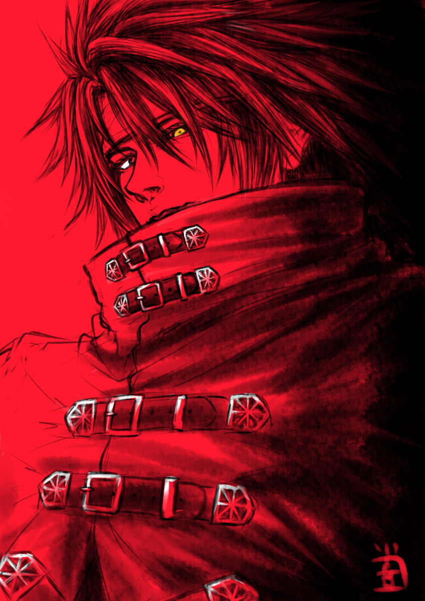 1boy, absurdres, aterumichino, belt, belt_buckle, black_hair, buckle, cloak
