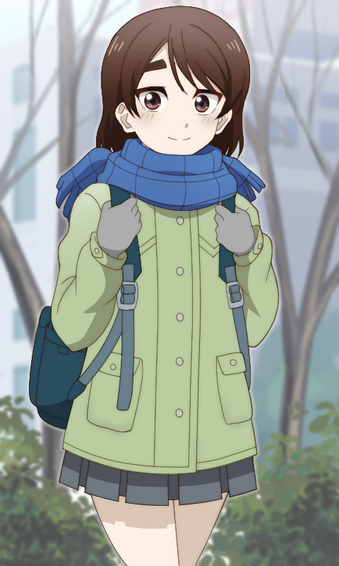 1girl, backpack, bag, bare_tree, blue_scarf, brown_eyes, brown_hair, coat