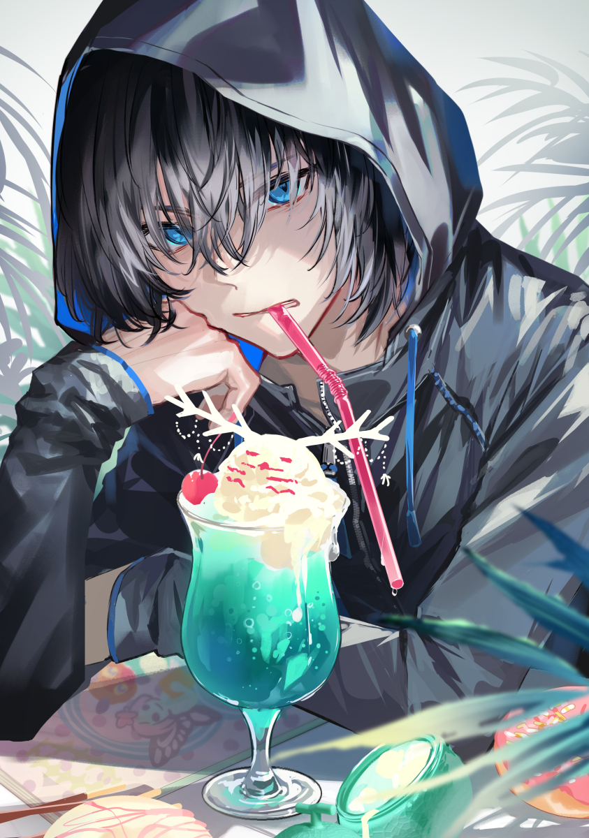 1boy, black_hair, black_jacket, blue_eyes, blurry, cernunnos_(fate), character_food, cherry