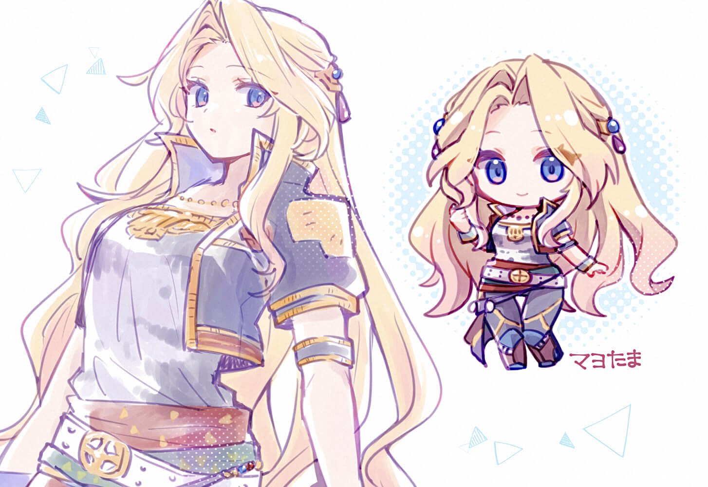 1girl, arm_strap, belt, black_jacket, black_pants, blonde_hair, blue_eyes, breasts, brown_footwear, celes_chere, chibi, closed_mouth, commentary_request, cosplay, cropped_jacket, final_fantasy, final_fantasy_vi, full_body, hair_ornament, jacket, jewelry, locke_cole, locke_cole_(cosplay), long_hair, looking_at_viewer, medium_breasts, multiple_views, necklace, open_clothes, open_jacket, pan_ff6, pants, parted_bangs, popped_collar, shirt, short_sleeves, sidelocks, smile, upper_body, white_shirt