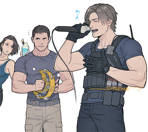 1girl, 2boys, bare_shoulders, black_gloves, blue_pants, blue_shirt, blue_tank_top, brown_hair