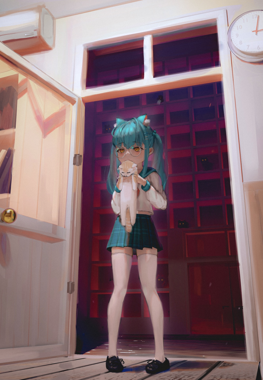 1girl, absurdres, animal, animal_ear_fluff, animal_ears, aqua_hair, brown_eyes, cat