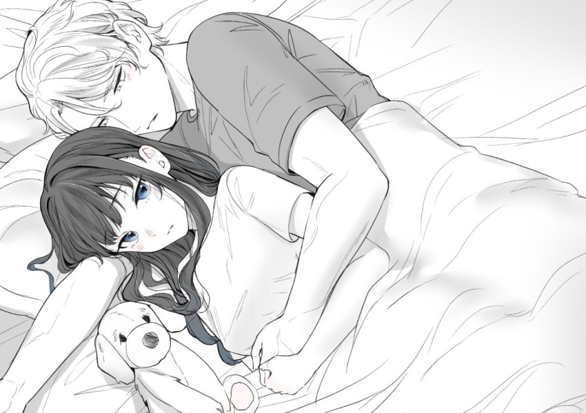 1boy, 1girl, bed, blue_eyes, blush, carrot_(robosquat), commentary_request, couple, hetero, hug, hug_from_behind, long_hair, looking_at_another, monochrome, original, shirt, spot_color, stuffed_animal, stuffed_toy, t-shirt, under_covers