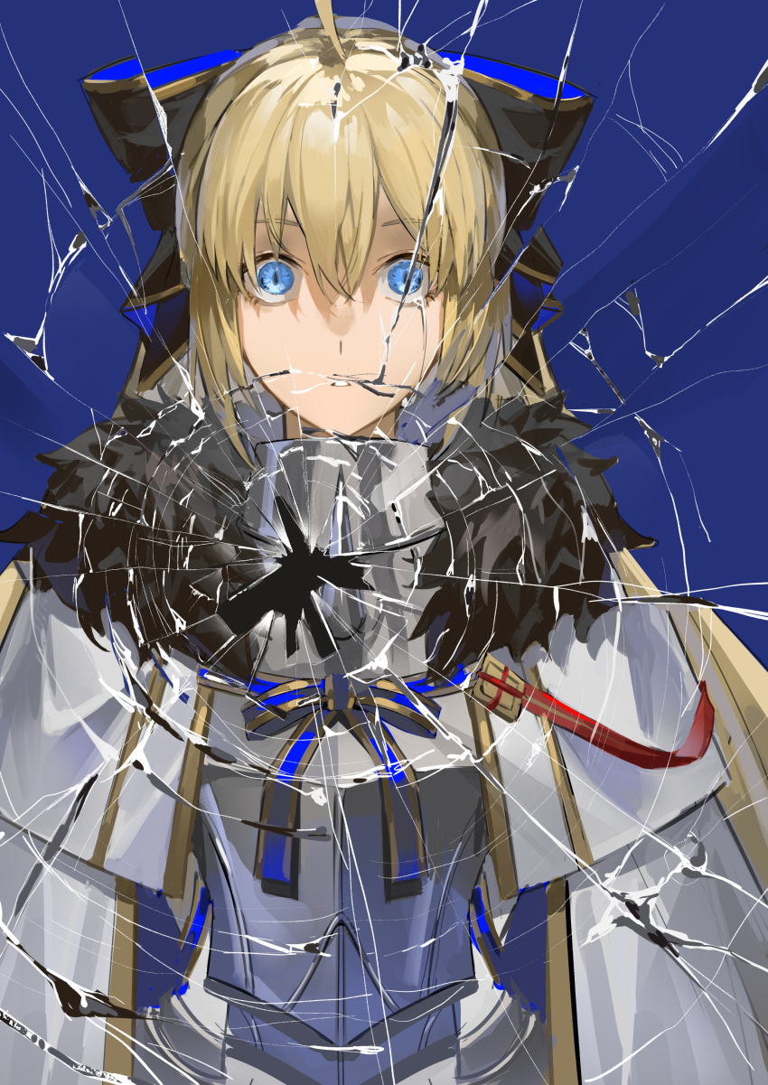 1girl, absurdres, ahoge, armor, armored_dress, black_bow, blonde_hair, blue_background
