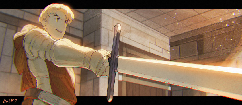 1boy, armor, artist_name, black_border, blonde_hair, border, brick_wall, brown_eyes