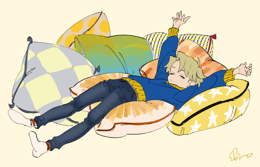 1boy, blonde_hair, blue_sweater, child, closed_eyes, closed_mouth, denim, finn_oldman, from_side, full_body, hands_up, high_card, jeans, lying, male_focus, mojisan_(ebimo), on_back, on_cushion, pants, parted_bangs, short_hair, signature, simple_background, socks, solo, stretching, sweater, white_socks