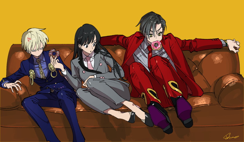 1girl, 2boys, annoyed, arm_rest, arms_behind_back, black_eyes, black_footwear, black_hair