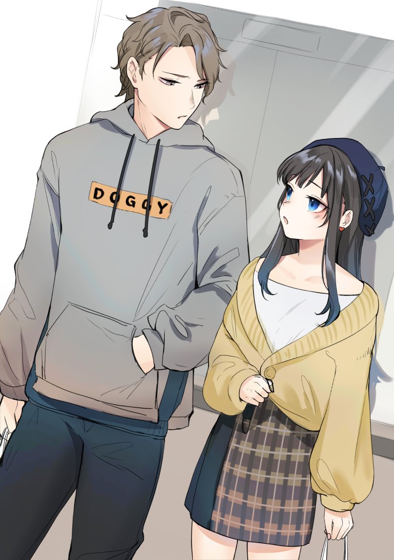 1boy, 1girl, beret, black_hair, brown_hair, cardigan, carrot_(robosquat), couple