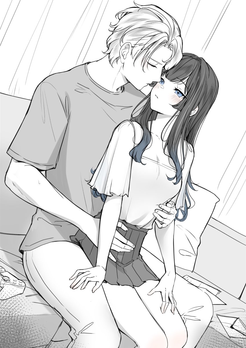 1boy, 1girl, blue_eyes, blush, breasts, carrot_(robosquat), controller, couch, couple, game_controller, gradient_hair, half-closed_eyes, hetero, highres, indoors, long_hair, looking_at_another, miniskirt, monochrome, multicolored_hair, original, shirt, sitting, sitting_on_lap, sitting_on_person, skirt, small_breasts, spot_color, t-shirt