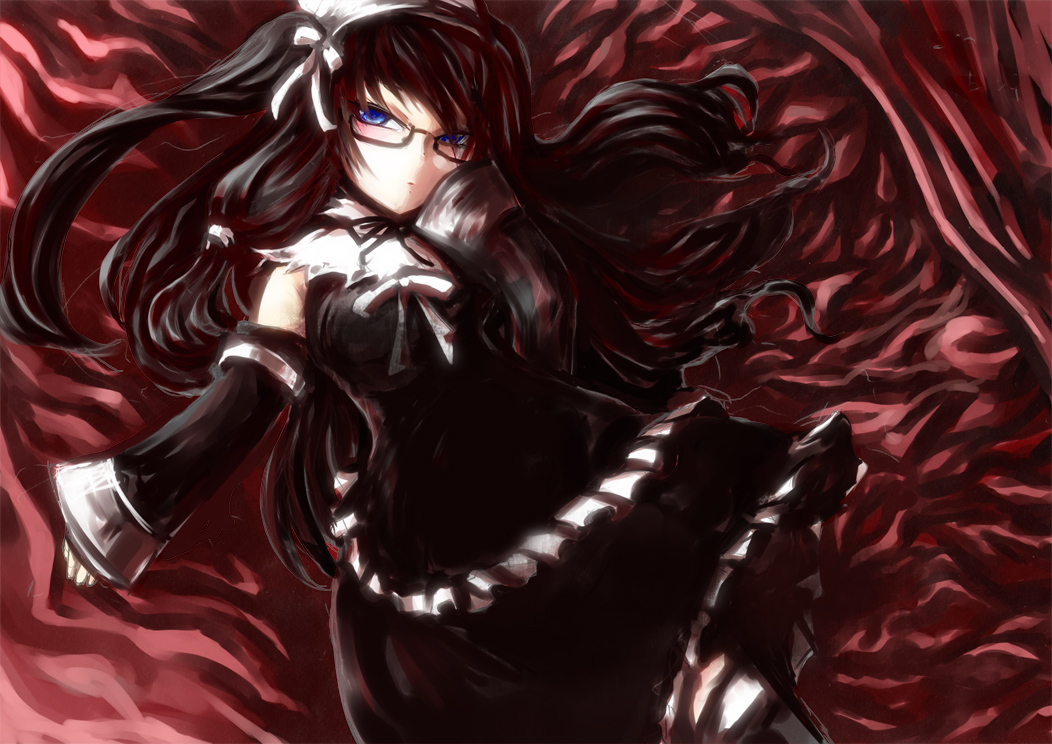 akenoin, bad_id, black_hair, blue_eyes, detached_sleeves, glasses, hyoudou_kiriko, long_hair, on_back, original, solo