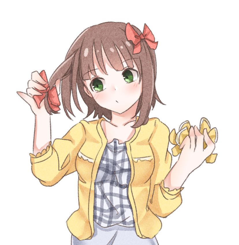 1girl, aa211108, amami_haruka, blush, breasts, brown_hair, collarbone, dot_mouth