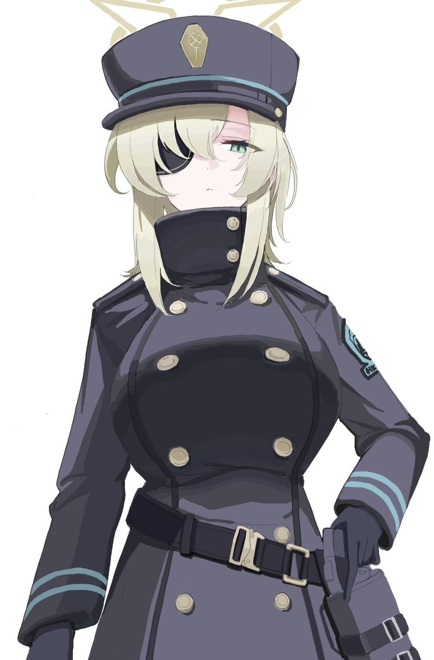 1girl, arimas_ar1, belt, black_coat, black_hat, blue_archive, brown_halo, buttons, coat, double-breasted, eyepatch, green_eyes, green_halo, halo, hat, highres, looking_at_viewer, looking_down, one_eye_covered, peaked_cap, simple_background, solo, suou_(blue_archive), train_conductor, white_background
