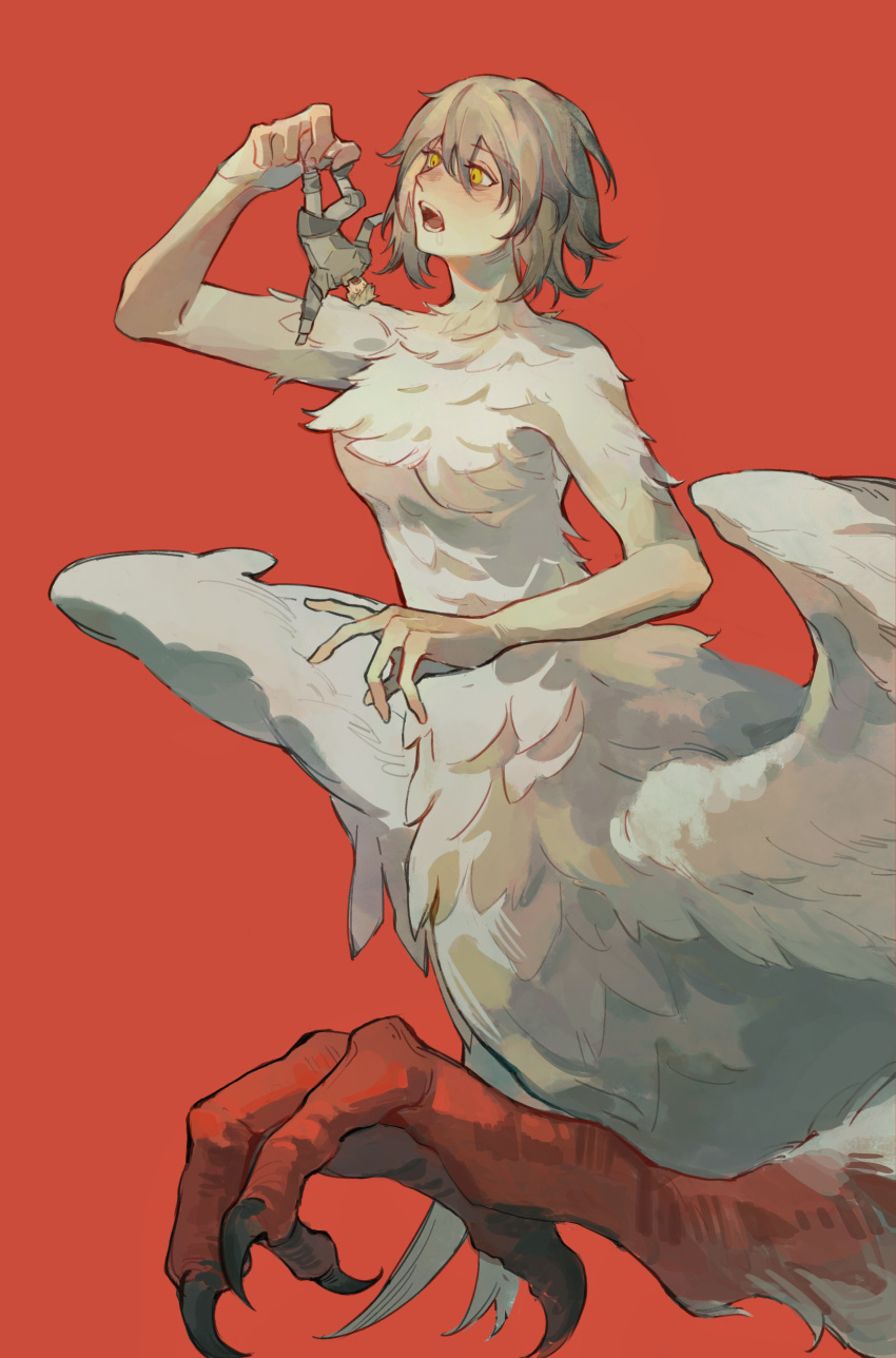 1boy, 1girl, absurdres, blonde_hair, carrying, carrying_person, chinese_commentary, claws, commentary_request, dungeon_meshi, falin_touden, falin_touden_(chimera), feathered_wings, feathers, from_side, giant, giantess, hair_between_eyes, hazeforest, highres, laios_touden, lifting_person, monster_girl, open_mouth, red_background, short_hair, simple_background, size_difference, slit_pupils, spoilers, talons, taur, wings, yellow_eyes