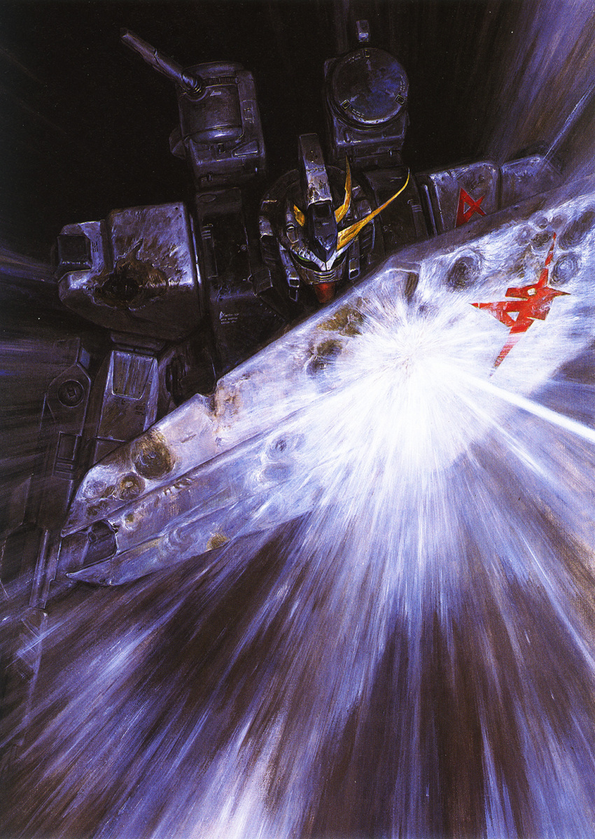 1980s_(style), anaheim_electronics, battle, beam_rifle, bullet_hole, char's_counterattack, damaged, dirty, emblem, energy, energy_gun, gundam, highres, katou_naoyuki, machinery, mecha, mecha_focus, mobile_suit, no_humans, nu_gundam, official_art, painting_(medium), production_art, promotional_art, realistic, retro_artstyle, robot, scan, science_fiction, shield, spoilers, traditional_media, unicorn, v-fin, weapon