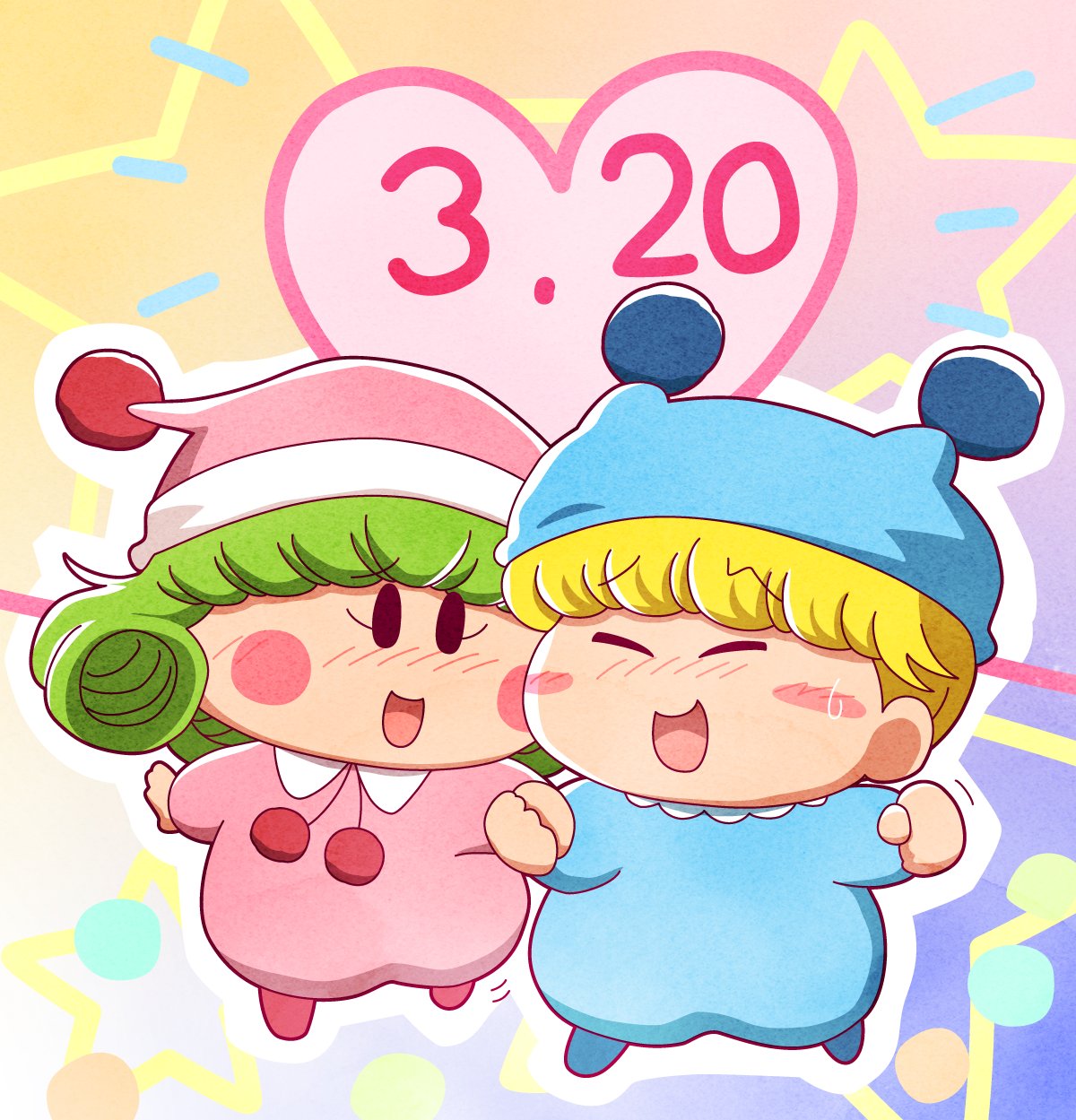 1boy, 1girl, arm_up, blonde_hair, blue_hat, blue_pajamas, blush, blush_stickers