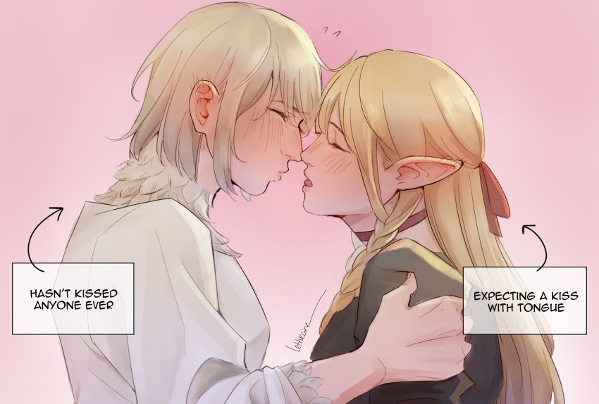2girls, arm_grab, arrow_(symbol), blonde_hair, blush, body_fur, braid, choker