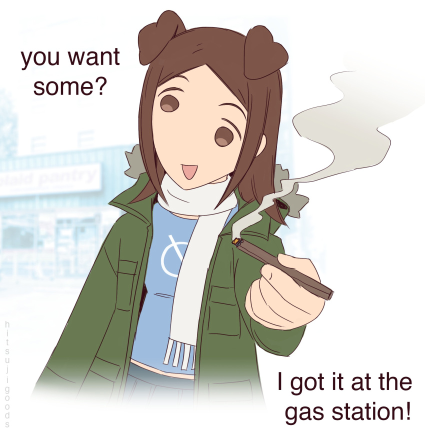 1girl, 6_9, absurdres, artist_name, blue_shirt, brown_eyes, brown_hair, commentary
