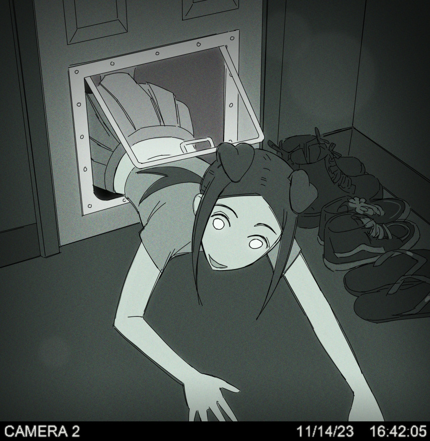 1girl, absurdres, all_fours, animal_ears, boots, commentary, crawling, dated, dog_ears, dog_girl, english_commentary, flip-flops, greyscale, highres, hitsujigoods, horror_(theme), miniskirt, monochrome, o_o, original, pet_door, pleated_skirt, sandals, shoes, sidelocks, skirt, solo, unworn_footwear, viewfinder, vivi_(hitsujigoods)