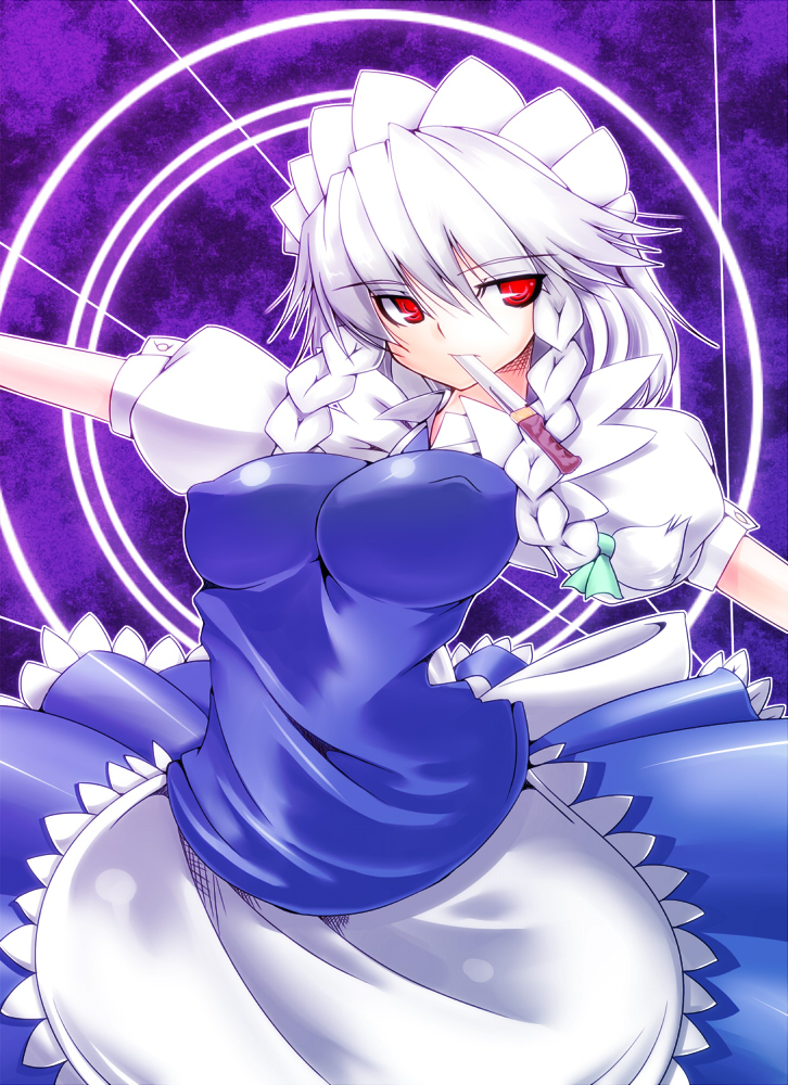 breasts, erect_nipples, impossible_clothes, izayoi_sakuya, knife, large_breasts, maid, maid_headdress