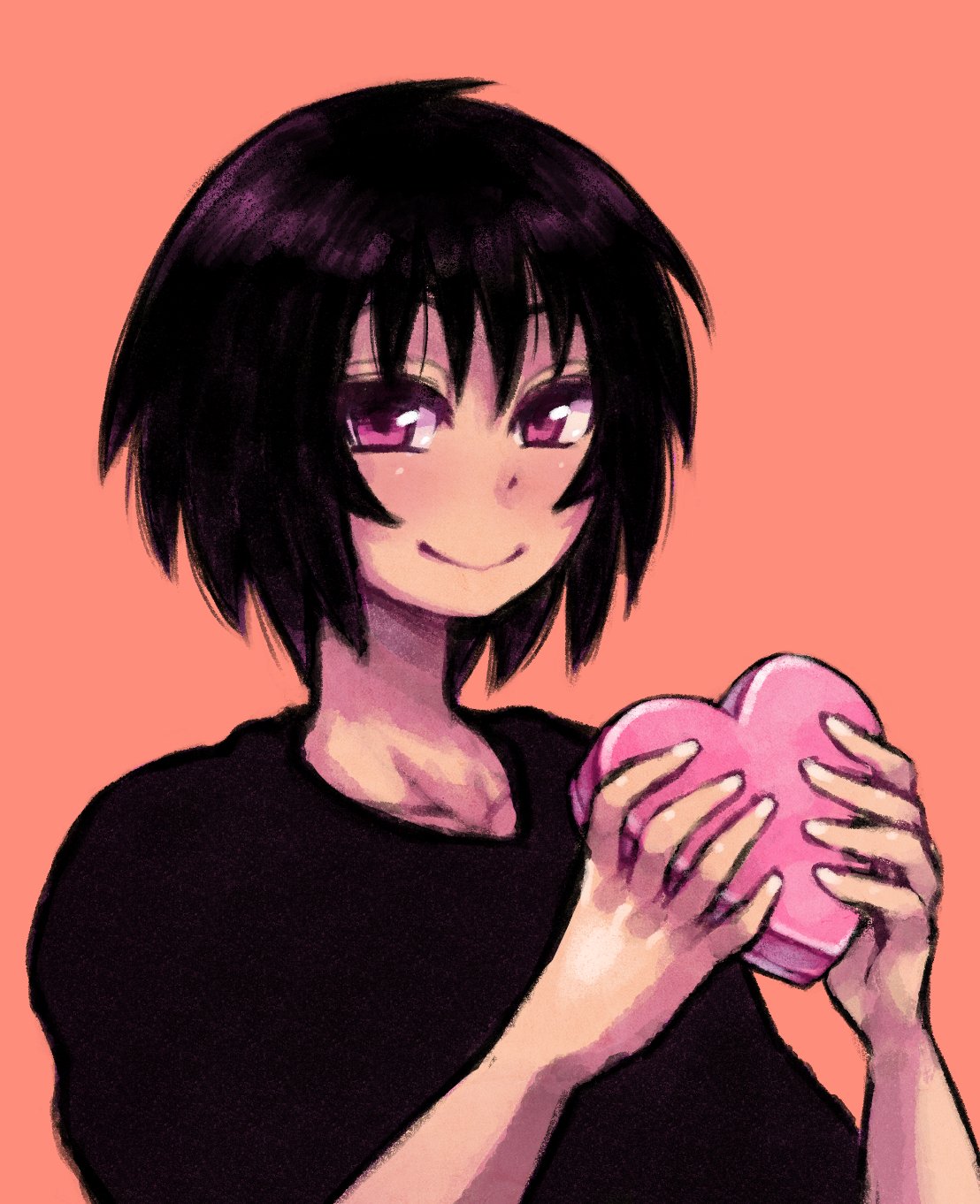 1girl, azumanga_daioh, black_hair, box, brown_eyes, chocolate, closed_mouth, collarbone