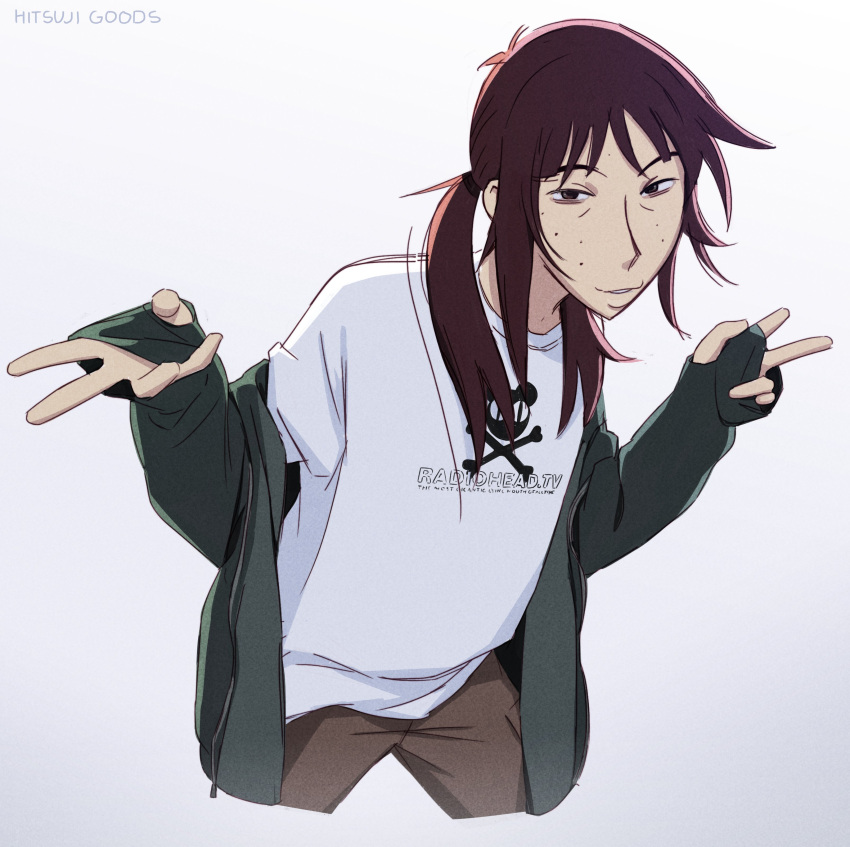 1girl, absurdres, artist_name, brown_eyes, brown_hair, brown_pants, commentary, cowboy_shot