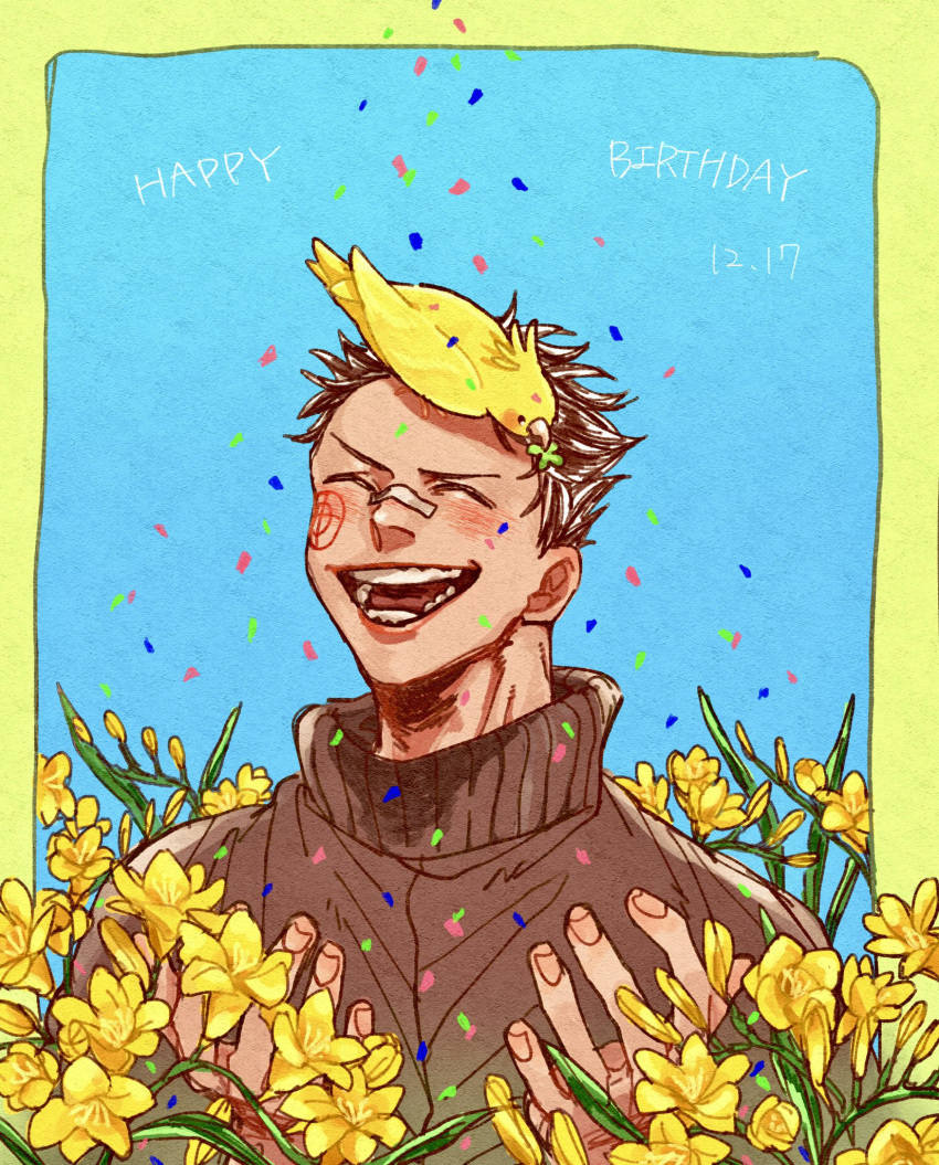 1boy, :d, animal_on_head, bird, bird_on_head, black_hair, blue_sky, blush, chimiko80, closed_eyes, confetti, dated, facial_mark, facing_viewer, flower, hands_up, happy_birthday, highres, laughing, male_focus, mashimo_heisuke, on_head, outdoors, pisuke_(sakamoto_days), sakamoto_days, sky, smile
