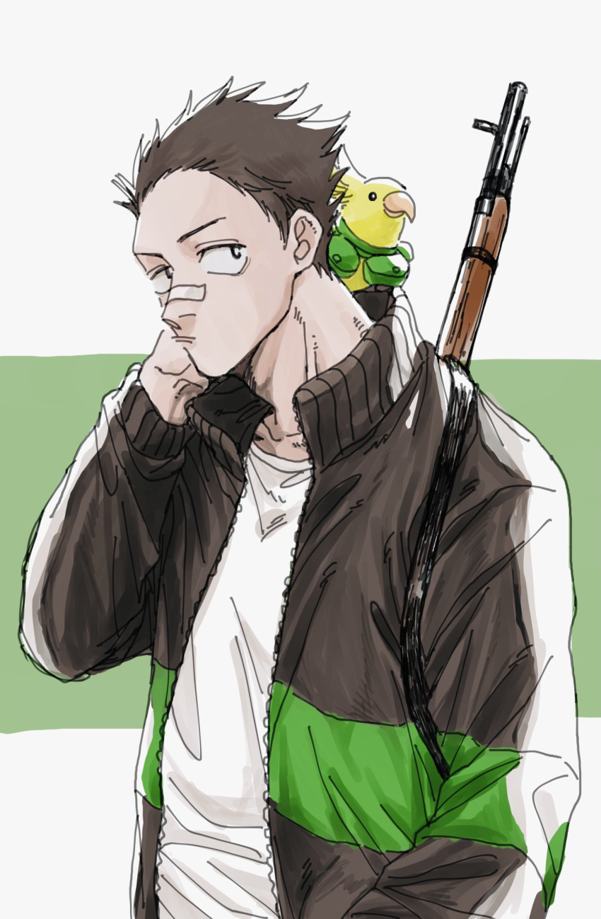 1boy, bird, black_hair, chimiko80, gun, hand_up, highres, jacket, looking_at_viewer, male_focus, mashimo_heisuke, nose_tape, pisuke_(sakamoto_days), sakamoto_days, shirt, simple_background, standing, weapon, white_shirt