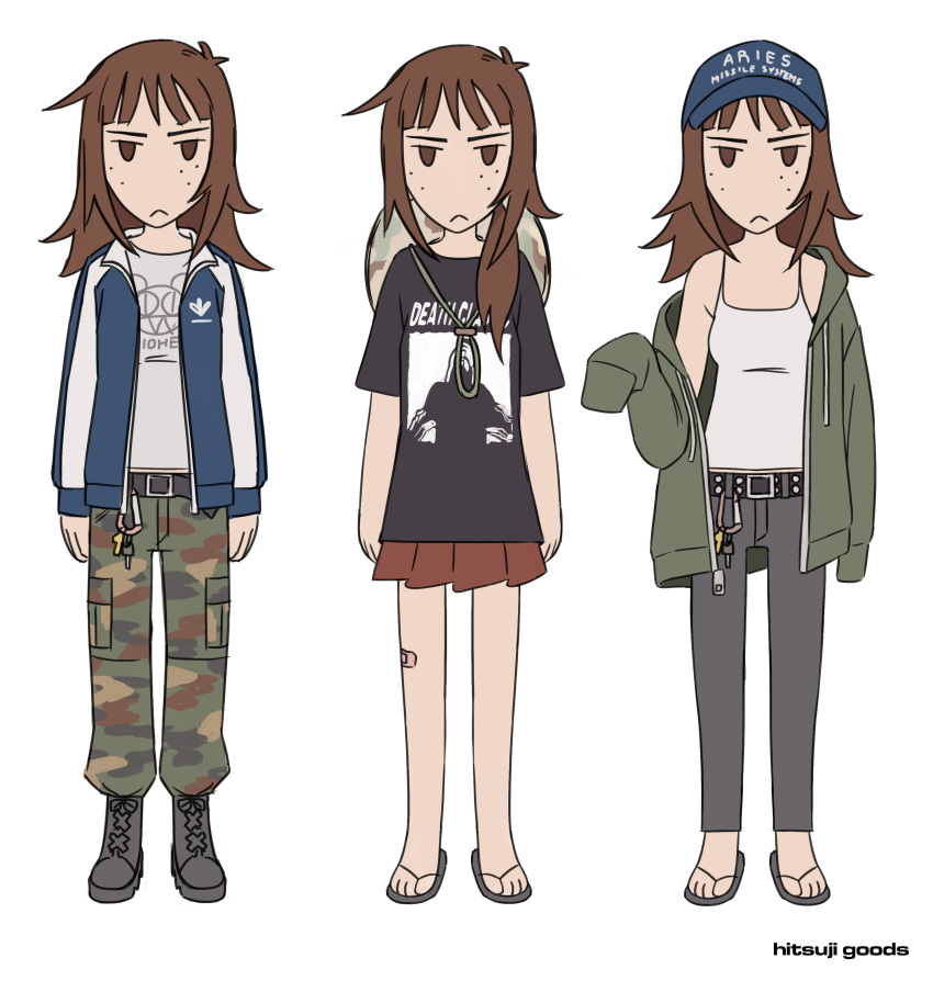 1girl, :<, absurdres, artist_name, bandaid, bandaid_on_leg, baseball_cap, belt