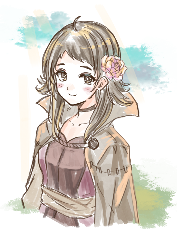 1girl, brown_eyes, brown_hair, choker, collared_cloak, fire_emblem, fire_emblem_fates, flower