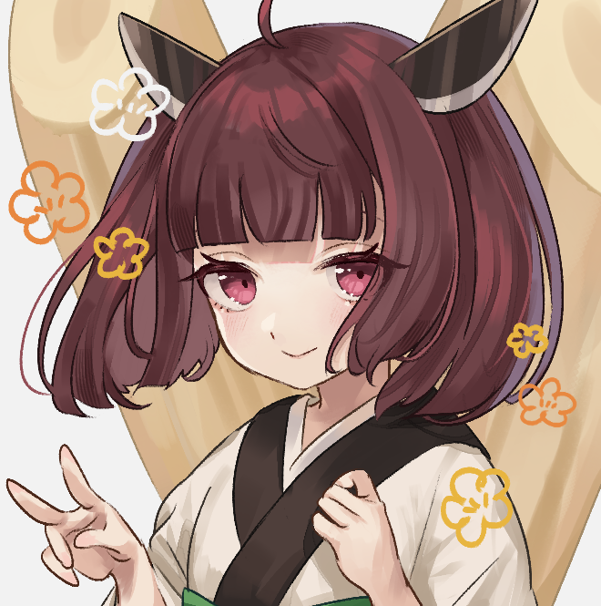 1girl, amazakura, brown_hair, hair_ornament, japanese_clothes, kimono, looking_at_viewer, short_hair