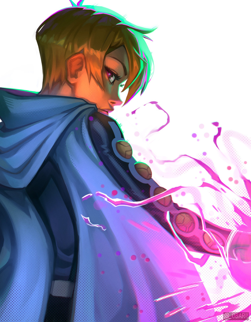 1girl, absurdres, aged_up, ben_10, cloak, commission, green_eyes, gwen_tennyson, highres, hood, hood_down, hooded_cloak, long_sleeves, obarii, orange_hair, short_hair, solo, twitter_username, watermark