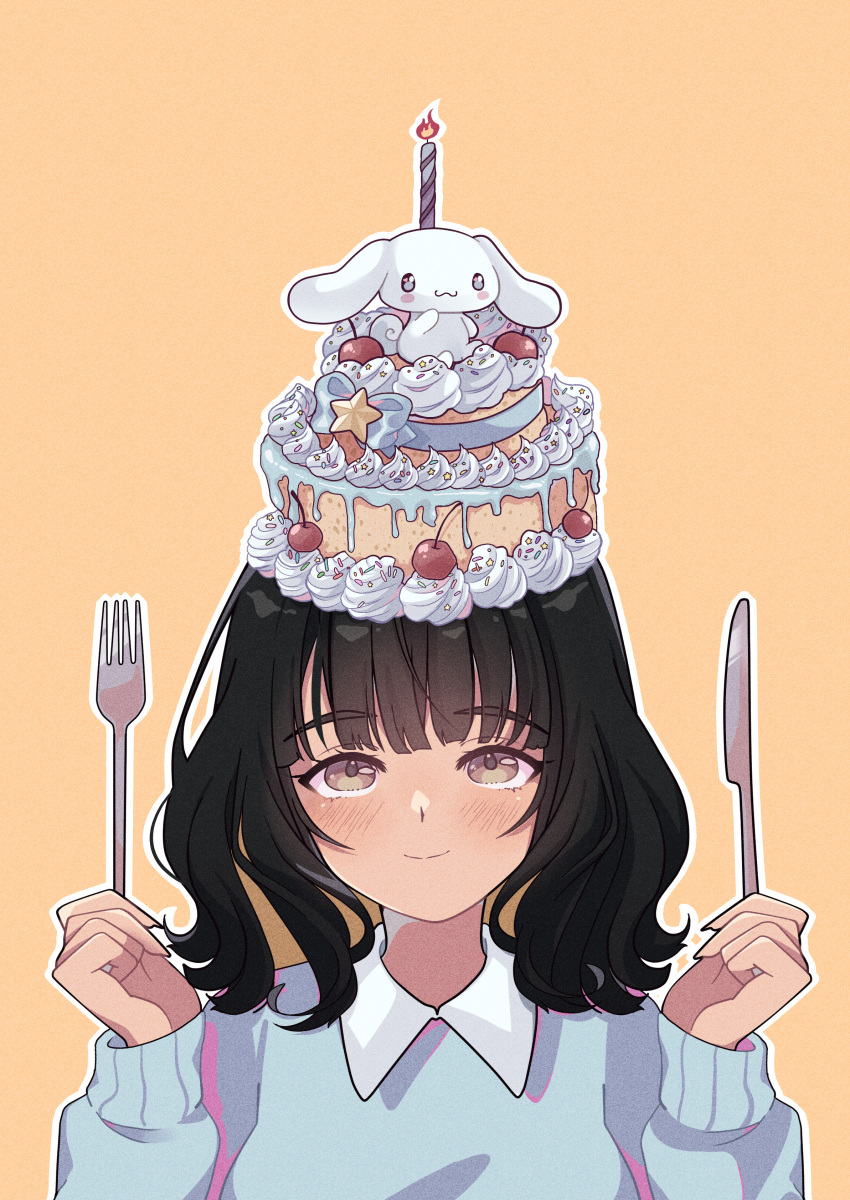 1girl, absurdres, black_hair, blush, brown_eyes, cake, candle, cherry