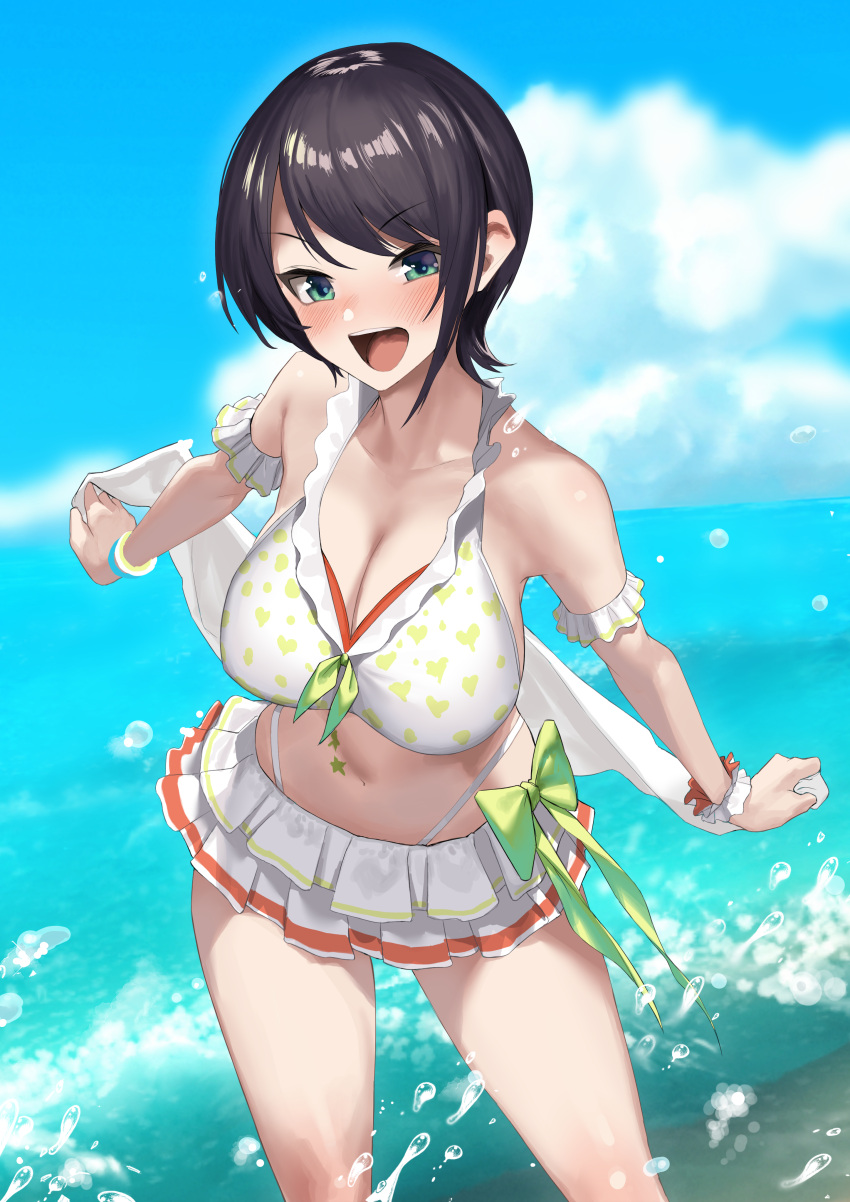 1girl, absurdres, alternate_breast_size, arm_garter, bikini, bikini_skirt, black_hair, blue_eyes, blue_sky, blush, breasts, clouds, day, frilled_bikini, frills, front-tie_bikini_top, front-tie_top, gen_(black_factory), highres, hololive, hololive_summer_2022_swimsuit, horizon, large_breasts, looking_at_viewer, navel, ocean, official_alternate_costume, oozora_subaru, open_mouth, outdoors, print_bikini, short_hair, sky, smile, solo, star_tattoo, swept_bangs, swimsuit, tattoo, thighs, virtual_youtuber, water, waves, white_bikini