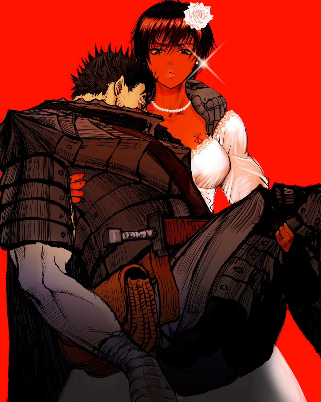1boy, 1girl, arm_wrap, armor, bead_necklace, beads, belt_pouch, berserk