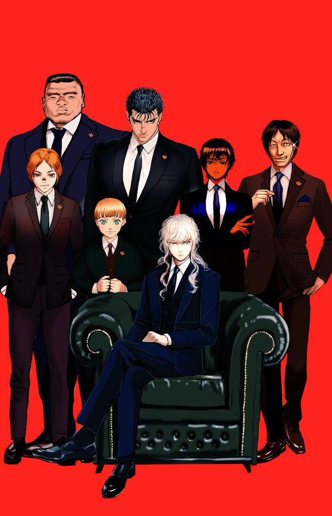 1girl, 6+boys, adjusting_clothes, armchair, berserk, black_footwear, black_hair, black_necktie