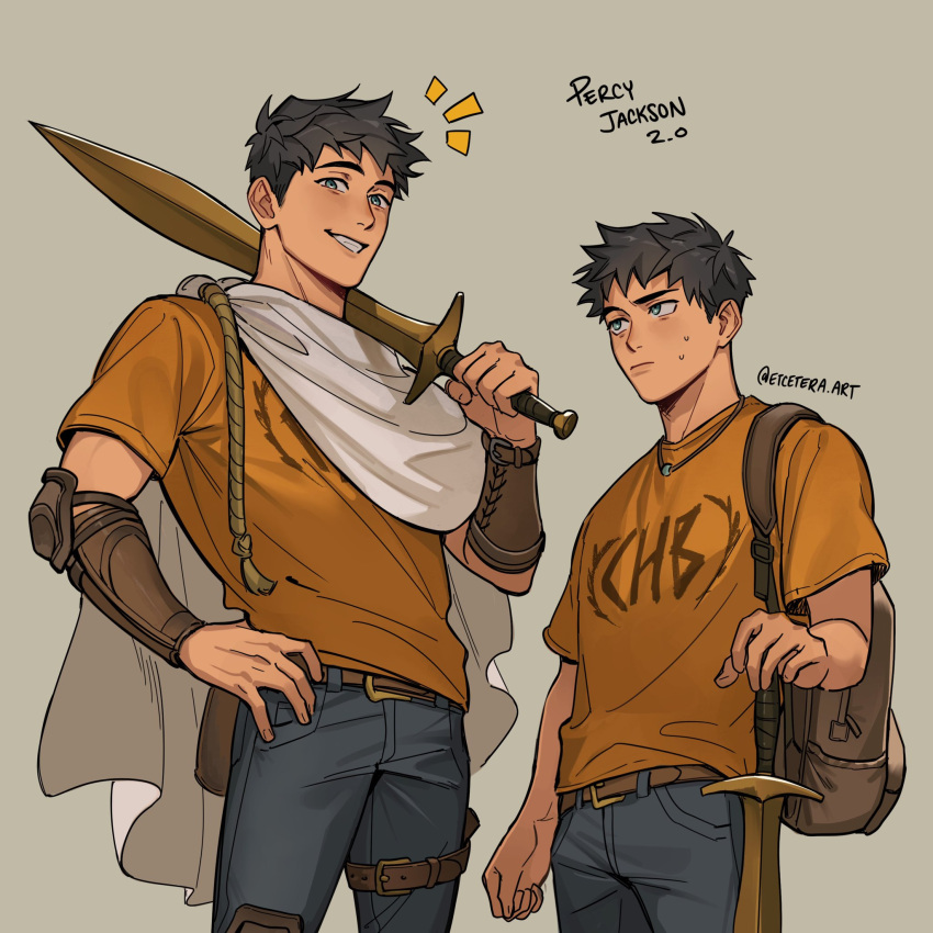 2boys, age_comparison, bags_under_eyes, belt, black_hair, brown_bag, cape, character_name