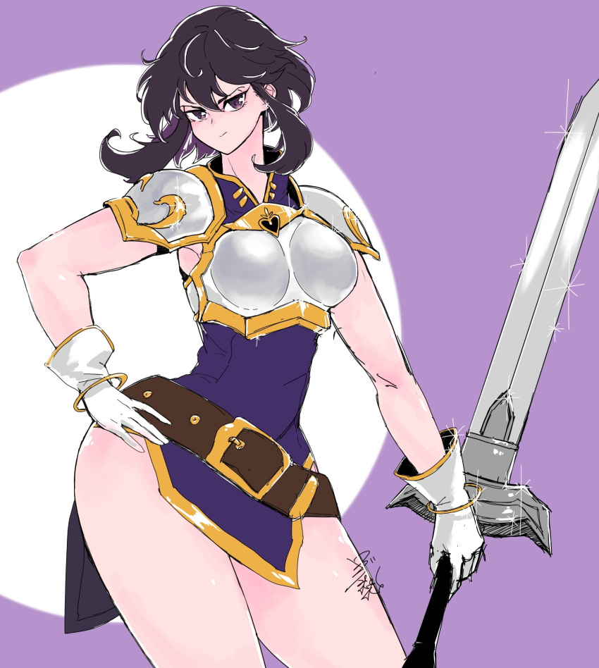 1girl, armor, belt, black_hair, breastplate, dress, earrings, fire_emblem, fire_emblem:_genealogy_of_the_holy_war, gloves, highres, holding, holding_sword, holding_weapon, jewelry, larcei_(fire_emblem), pelvic_curtain, purple_tunic, short_hair, shoulder_armor, sidelocks, simple_background, solo, sparkle, sword, ta_dasu_(tadasu_hayashi), thighs, tunic, weapon