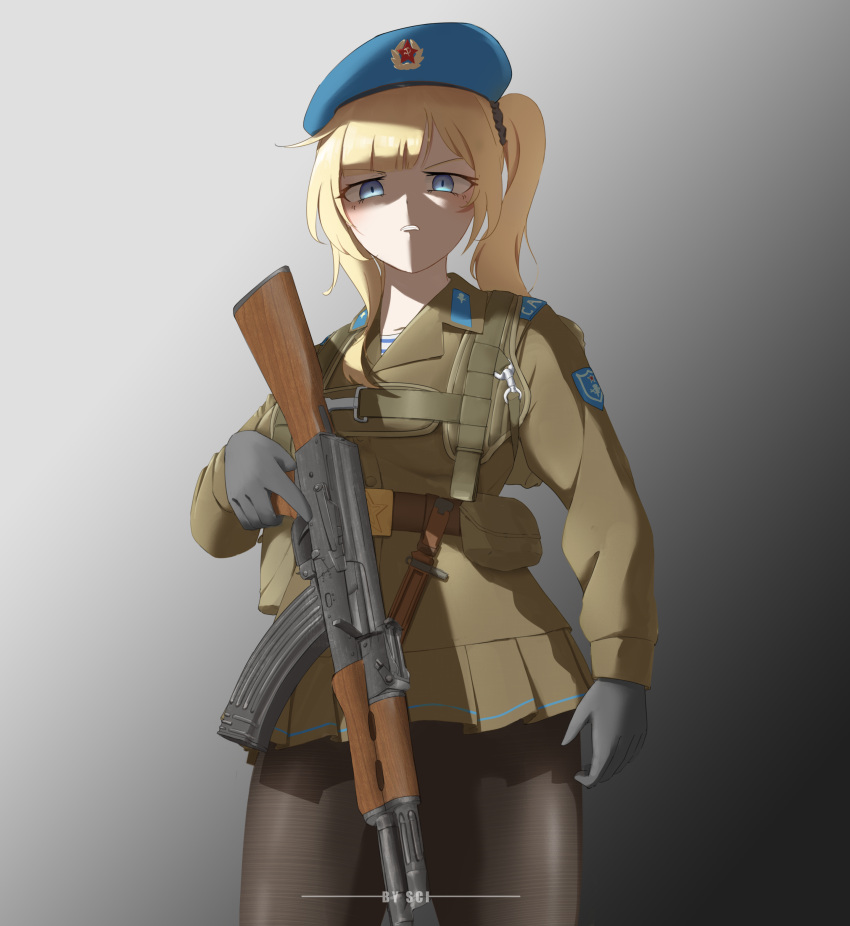 1girl, absurdres, beret, black_gloves, black_pantyhose, blonde_hair, blue_eyes, blue_hat