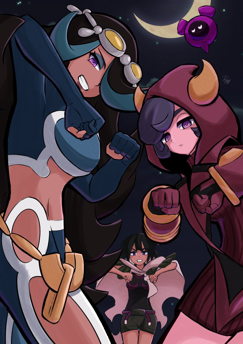 3girls, black_hair, blue_eyes, blue_hair, breasts, cloak, courtney_(pokemon), dark-skinned_female