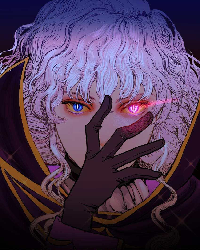 1boy, ascot, berserk, black_gloves, blue_background, blue_eyes, bright_pupils, cloak