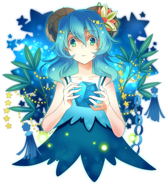 blue_hair, crystal, green_eyes, hair_ornament, horns, leaf, menetto, monster_girl