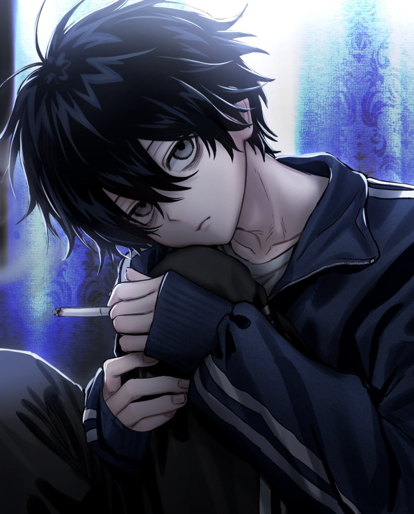 1boy, barefoot, black_hair, black_pants, blue_jacket, cigarette, closed_mouth, curtains
