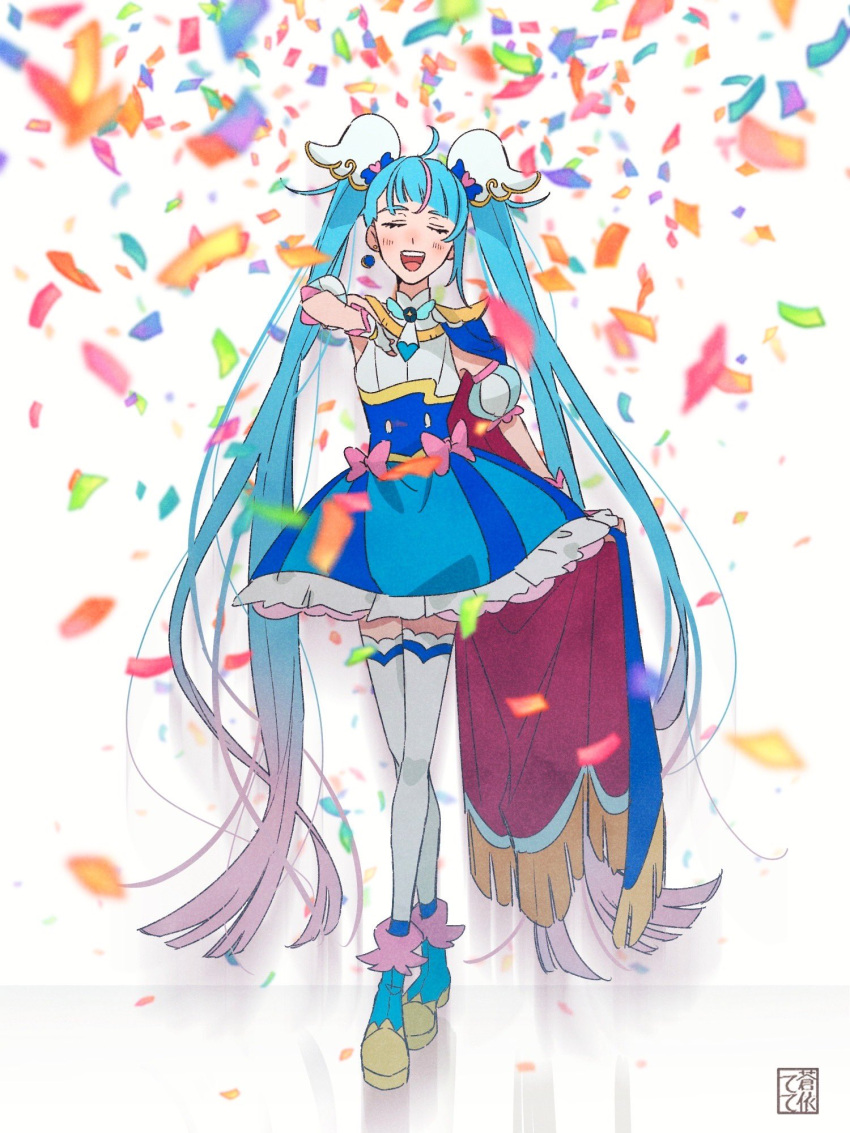 1girl, ankle_boots, aoi_tete, artist_name, blue_cape, blue_dress, blue_footwear, blue_hair