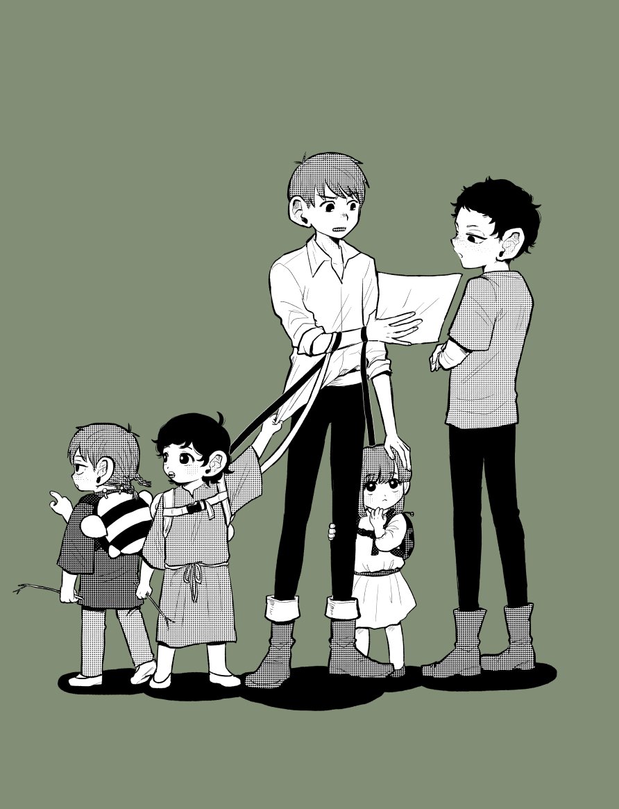 2boys, 3girls, animal_bag, arm_at_side, backpack, bag, bee, boots