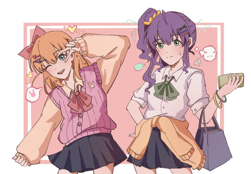 +++, 2girls, ;d, bag, black_skirt, blush, bow, bowtie