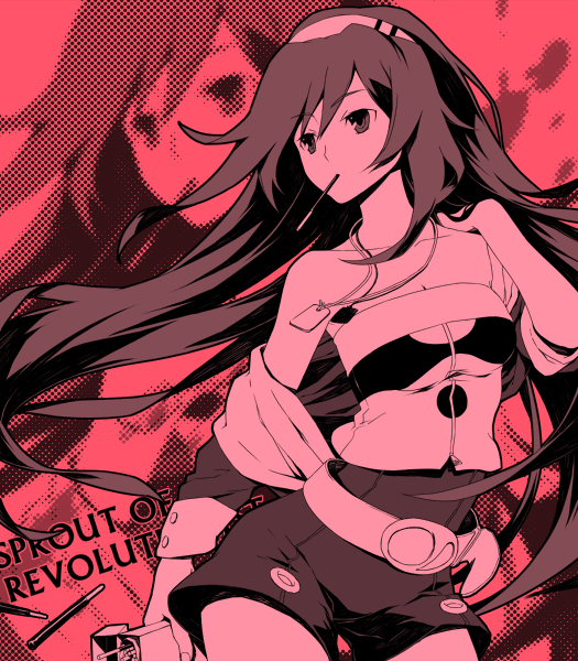 headband, long_hair, mouth_hold, original, pocky, shorts, solo, waxwa